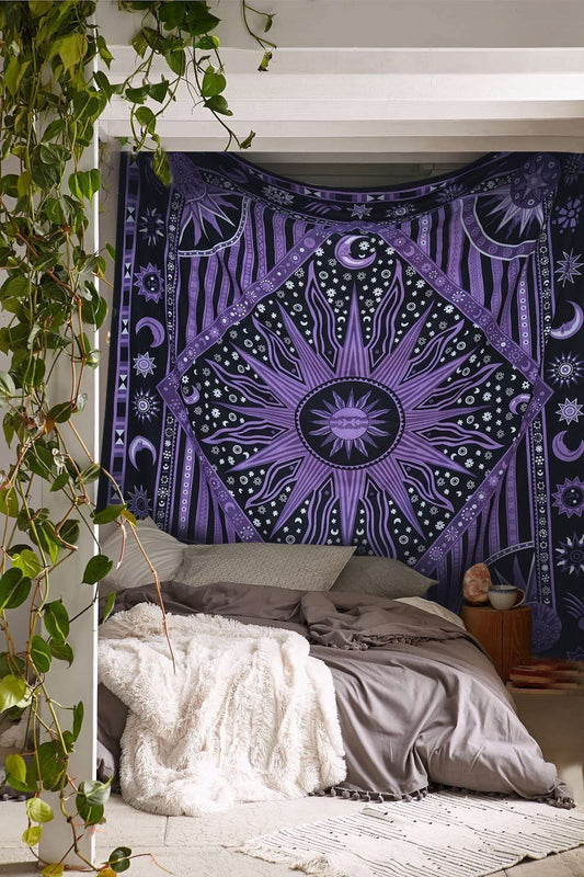 Tapestry Wall Hanging Hippie Burning Sun Moon Bohemian Hippy Psychedelic Design Indian Tapestries Bedspread 84X90 Inches (215Cm X 230Cm) Purple